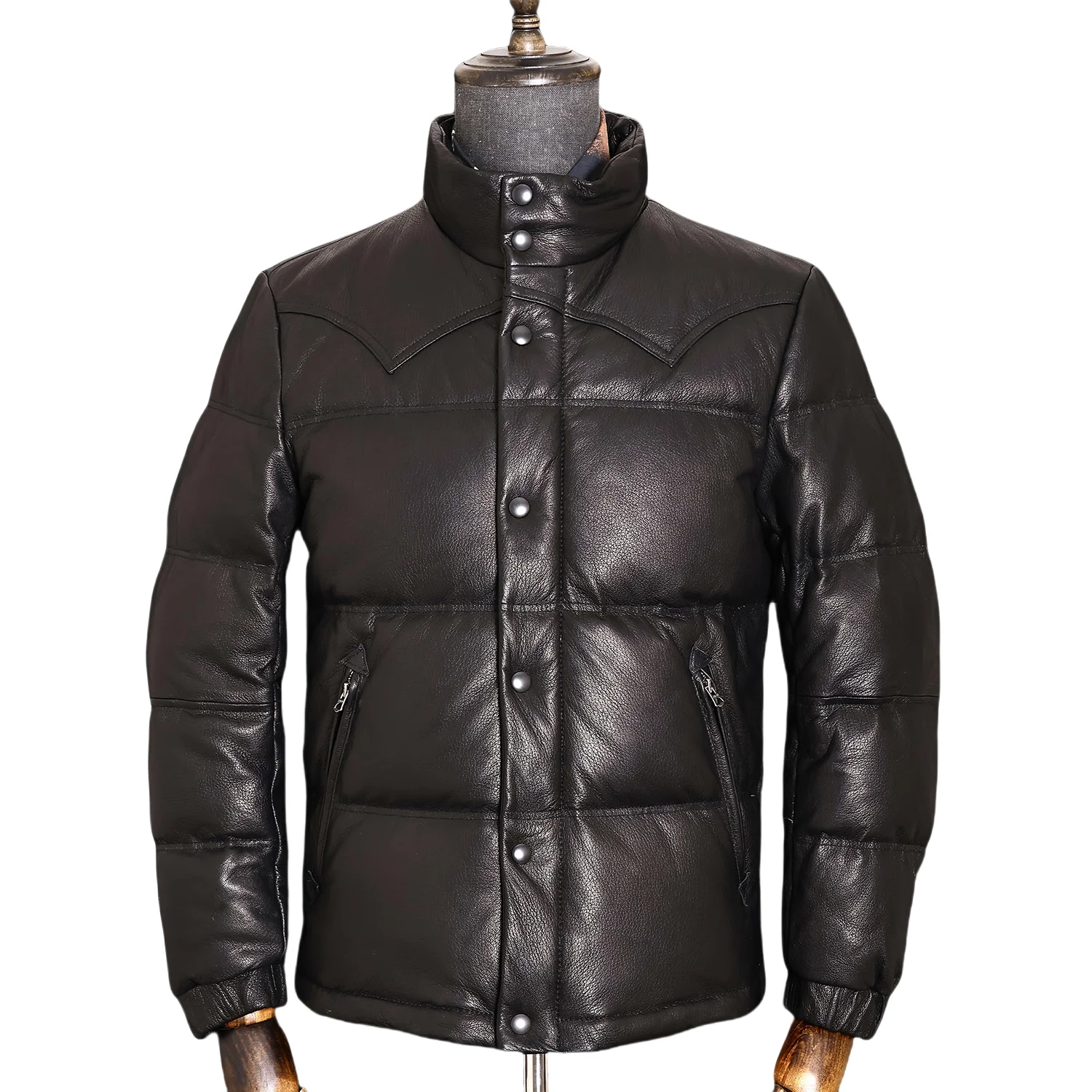 Black Winter Leather Jacket Men Retro Style Plus Size 5XL Genuine Natural Sheepskin Stand Collar Thick Warm Down Coat