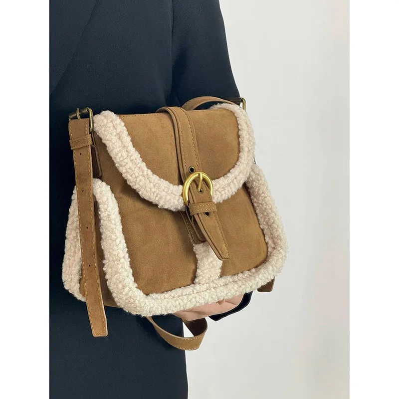 2024 NEW Autumn Winter Lamb Fur Bag Women's Korean Retro Style Small Bag Fashion Suede Plush Crossbody Bag