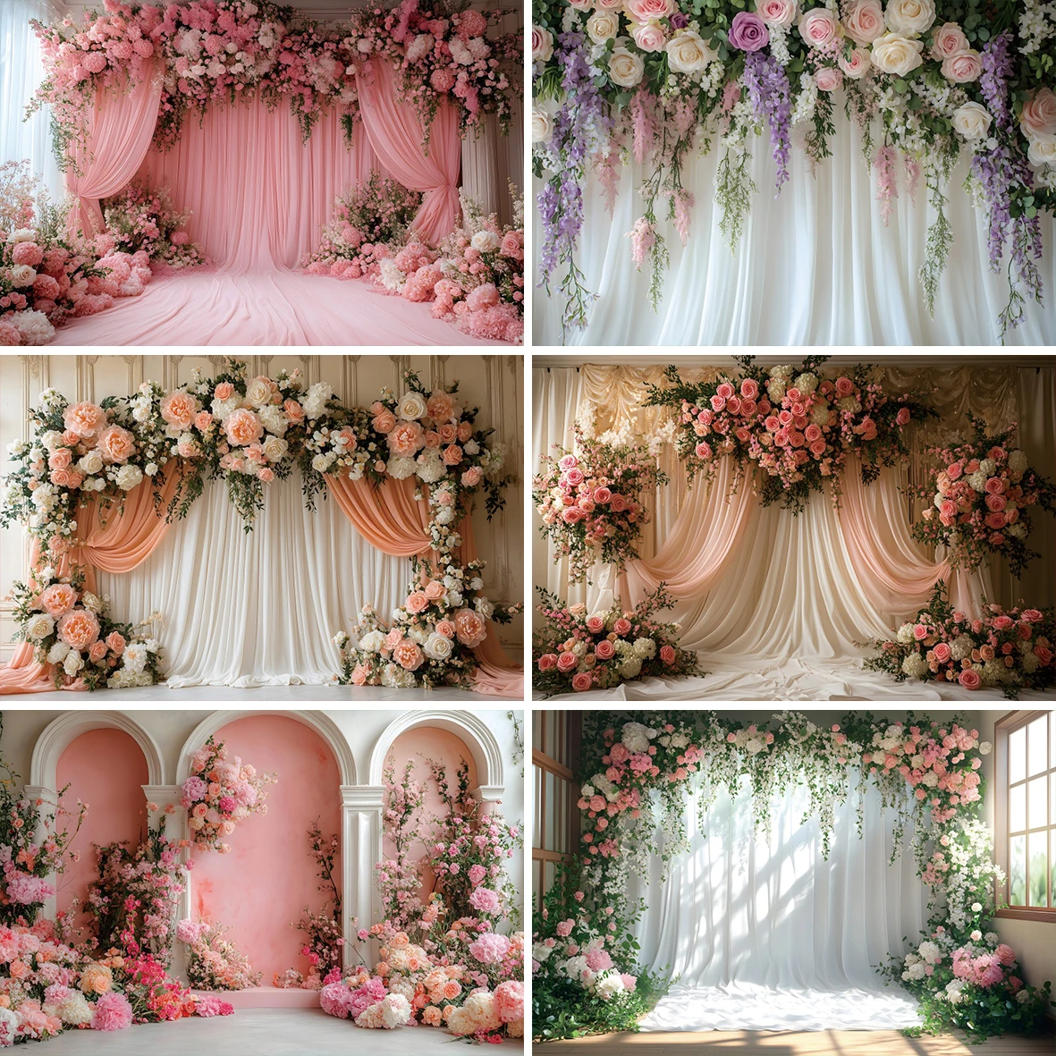 Romantic Curtain Flower Wall Photography Backdrop Wedding Engagement Party Arch Palace Decor Lover Portrait Photocall Background