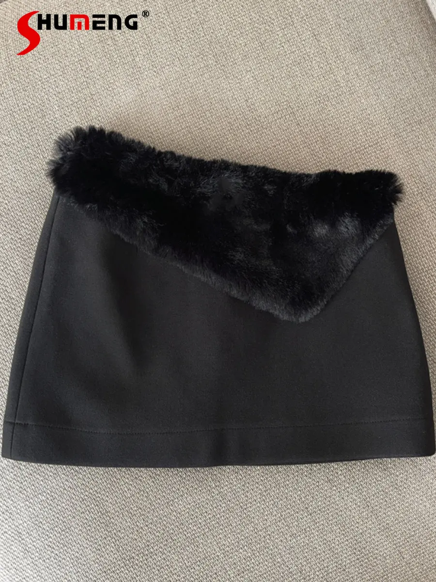 

Hot Girl Temperament Irregular Low Waist Mini Skirt Women's Flanging Luxury Furry Stitching Skirt 2022 New Autumn Winter Faldas