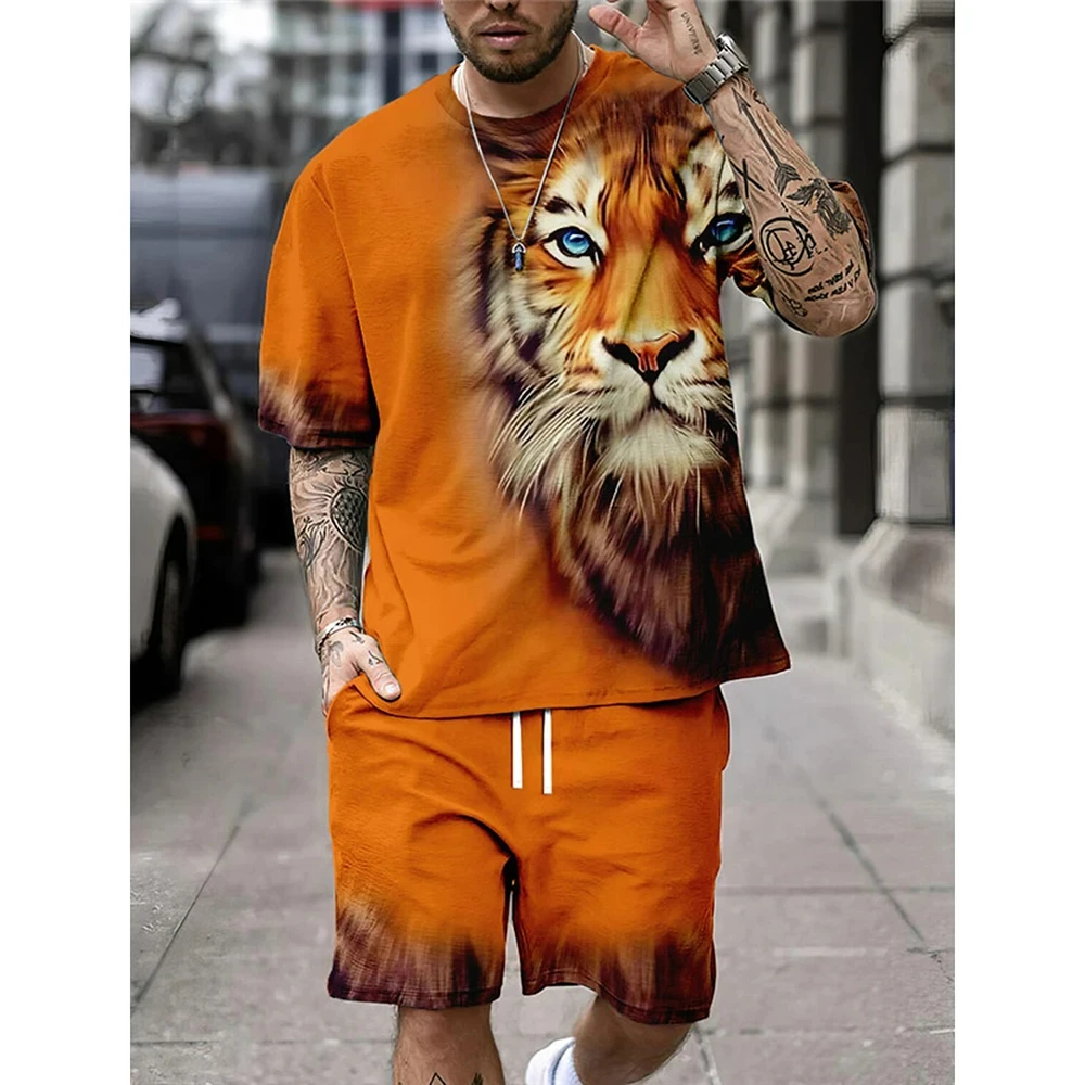 Summer Tiger Graphic Men\'s T Shirts+Shorts 2PCS Outfits Casual Street Shorts Sets 3D Print Male Clothes O-Neck Sportswear Suits