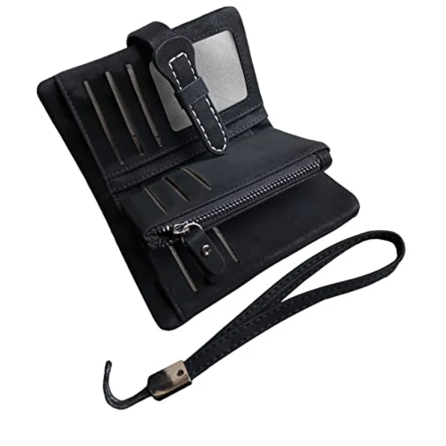 

Women's Small Bifold Leather wallet Rfid blocking Ladies Wristlet with Card holder id window Coin Purse