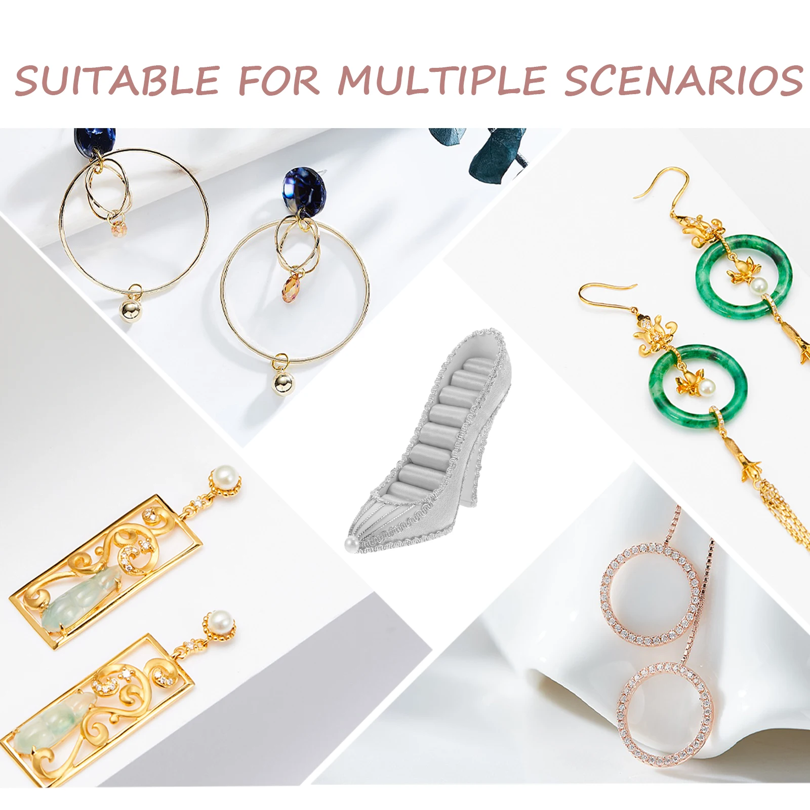 حامل عرض مجوهرات للأحذية بكعب عالٍ، منظم حلقي أنيق، حامل مجوهرات مدمج للأقراط والقلائد والأساور لتزيين المكتب