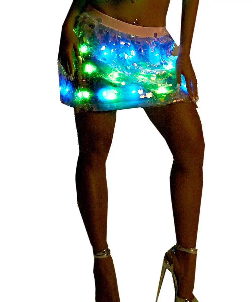 OHLEES Womens Girls 15 Color LED Sequins Super Flash Skirt Light UP Rave Creative  Stage Costume Party Festival Fancy Dress