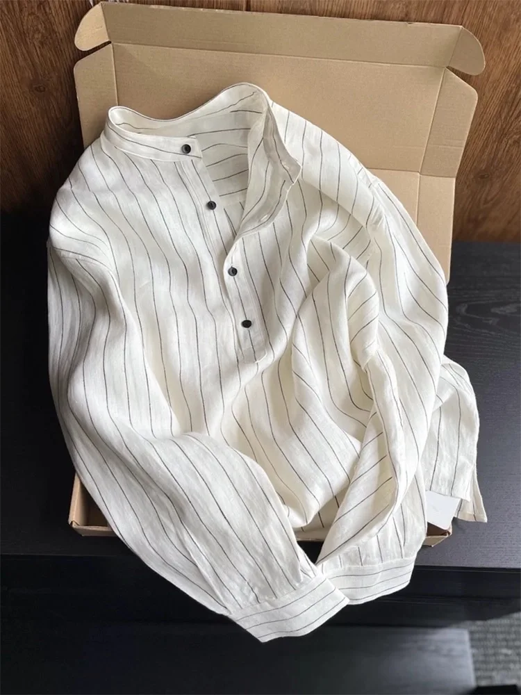 

Long Sve Striped Loose Fit Stand Collar irt Versatile Sle Korean Design Straight Cut Silk Women's Top for Autumn