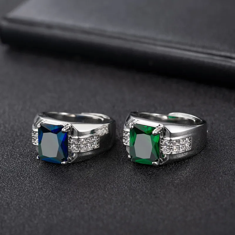Fashion Men Ring 925 Silver Jewelry Rectangle Sapphire Zircon Gemstone Finger Ring for Wedding Engagement Wholesale Accessories