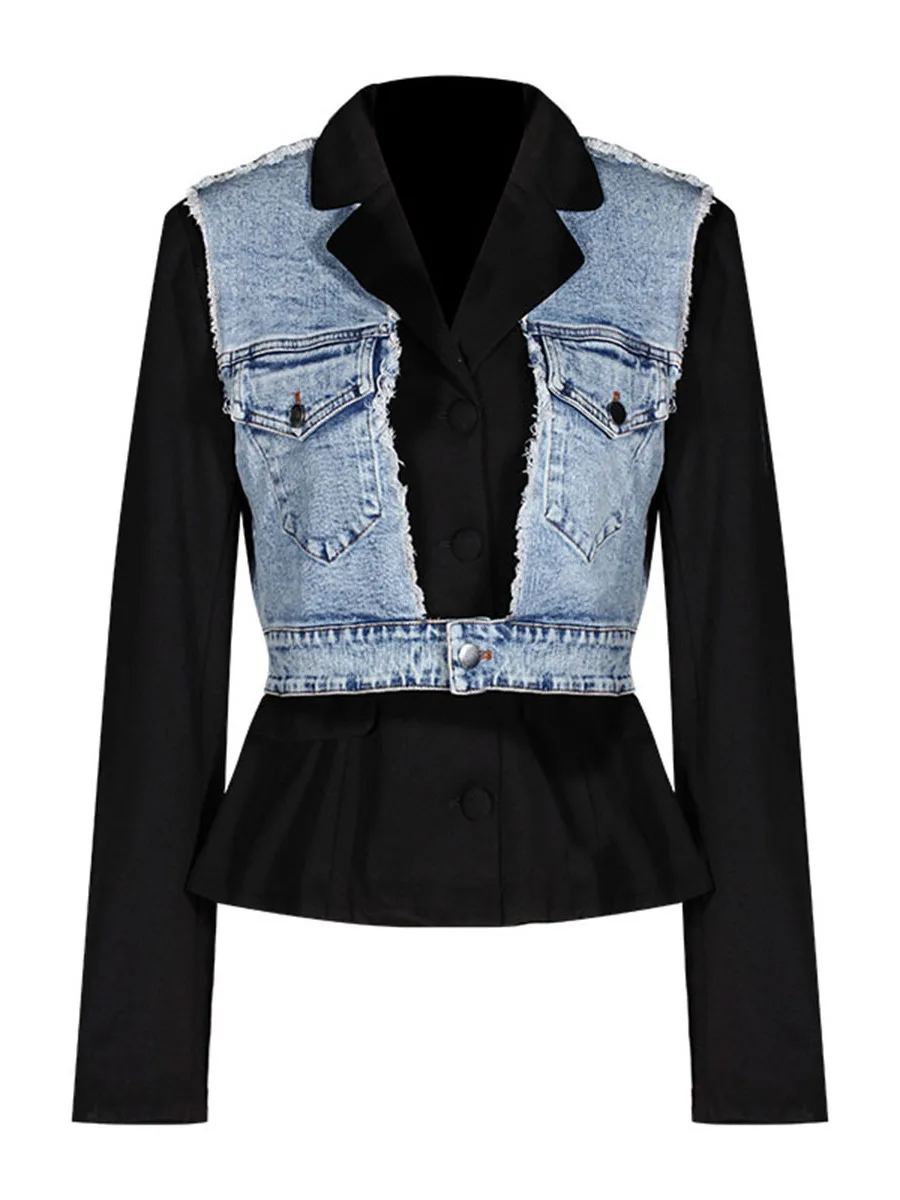 Autumn Winter Loose Fit Waist Cinched Denim Patchwork Jacket Women's Casual Long Sleeve  Collar Single Button Closure Coat
