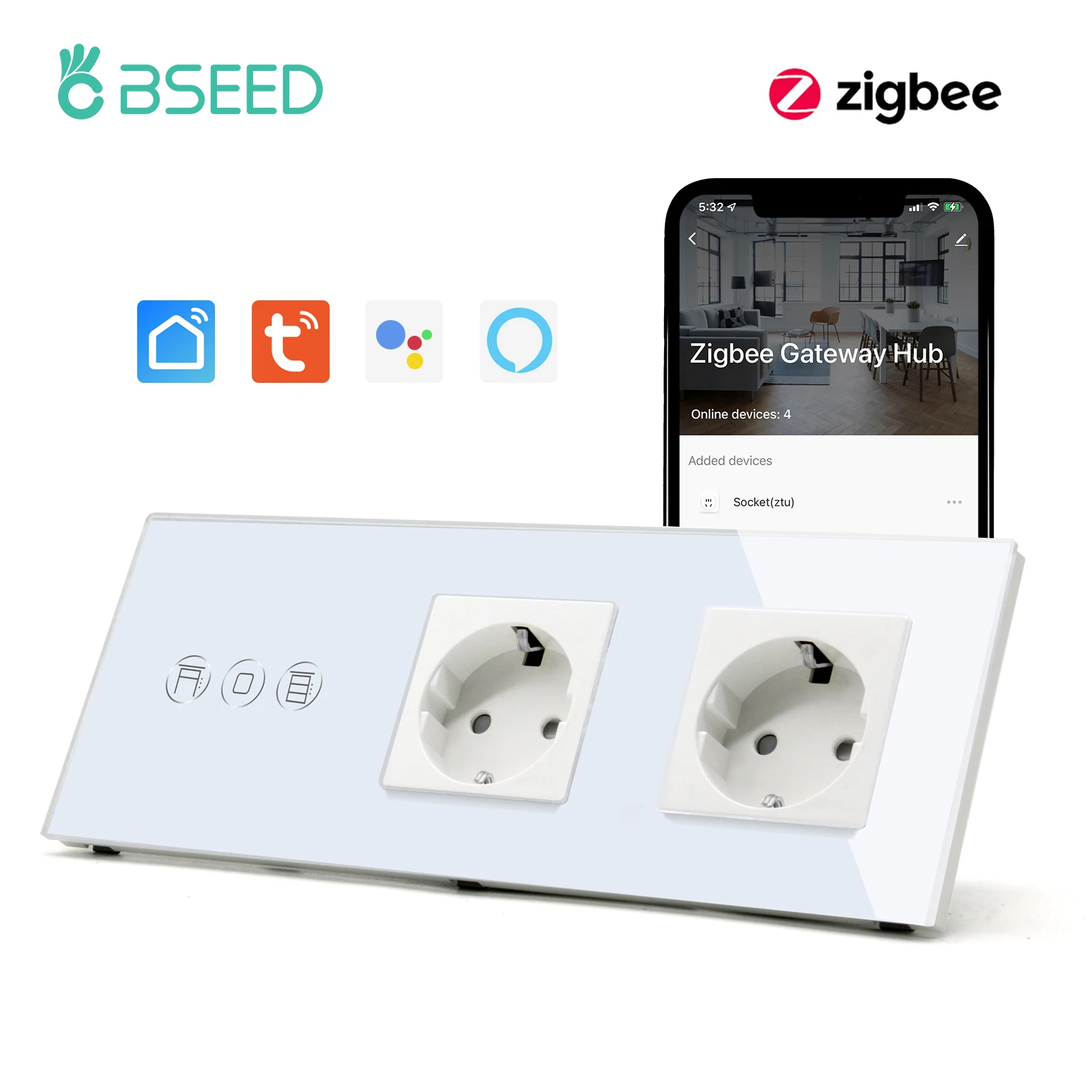 BSEED Zigbee Smart Jalousien Schalter Elektrische Rollladen Schalter Mit EU Buchse USB Typ-C Ports Tuya Alexa Smart leben App 7