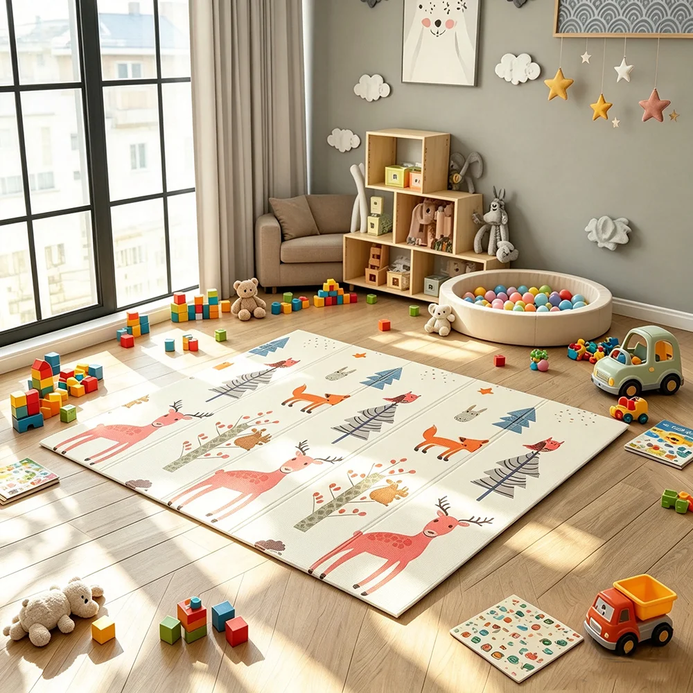 Thick baby crawling mat with cartoon patterns boosts growth. Foldable, easy storage, for 0-12yo, fits living room & bedroom use