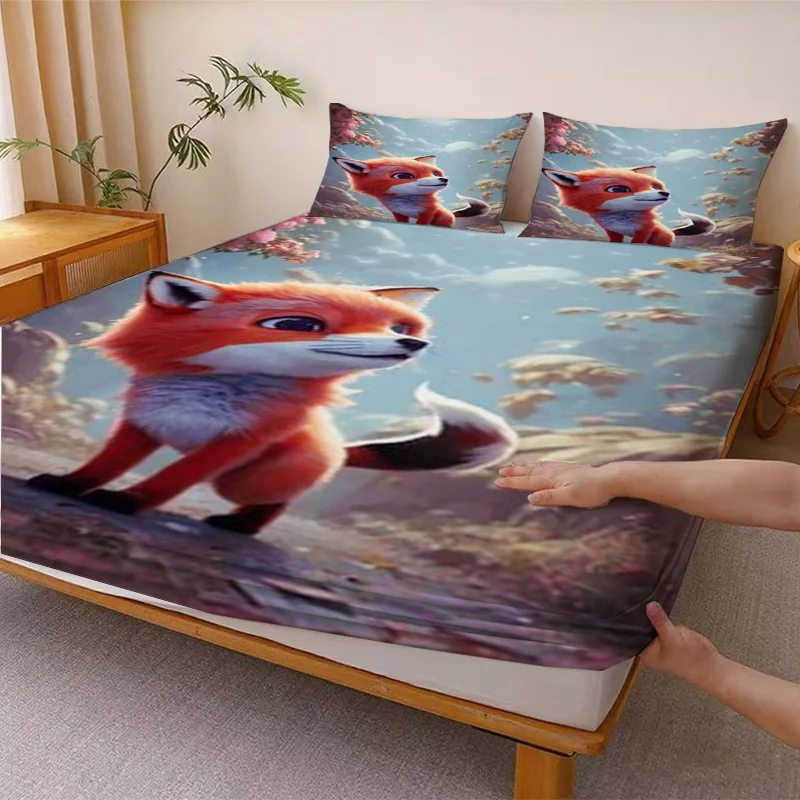 Cute Little Fox Dreamy Forest Moon-Watching Fitted Sheet Mattress Protector Breathable Polyester Material (Includes 1 Fitted Sheet + 2 Pillowcases) Mattress Protector Fitted Sheet Style Protective Cover Mattress Protector Fitted Sheet Style Bedding Christmas Themed Bedding Baby Bedding Suitable for Nursery Room