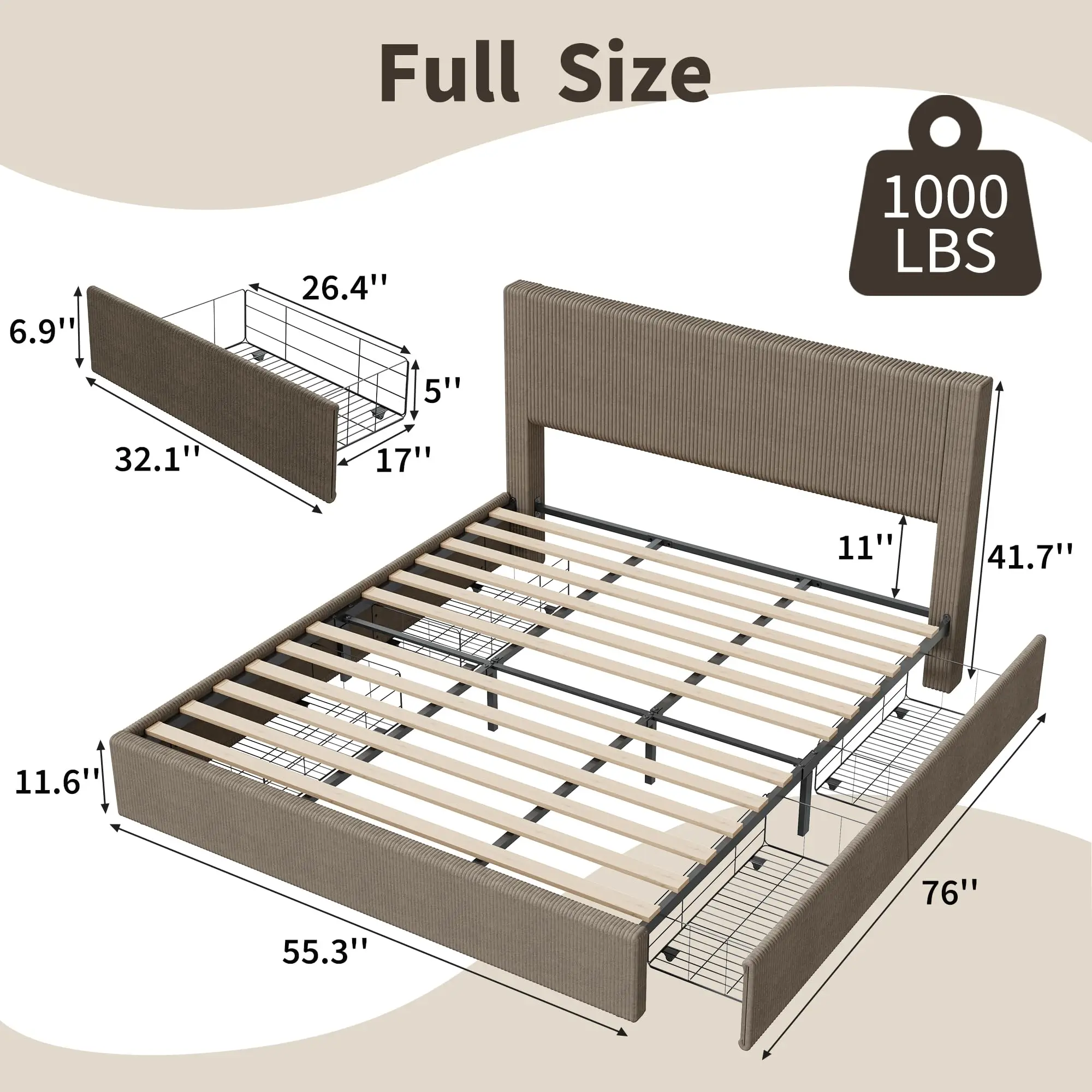 Corduroy Bed Frame with Headboard, Platform Upholstered Bed Frame with 4 Storage Drawers and Wooden Slats Support, No Box Spring Needed, Full/Queen/King