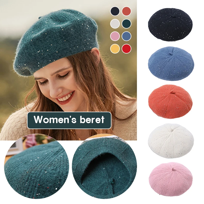 

Fashion Sequin Women Plain Color Knit Beret Hat Lady French Artist Beanie Beret Hat UK Fall Winter New Casual Warm Woolen Berets