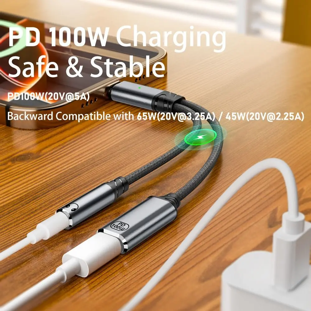 PD 100W USB-C ถึง 3.5 มม.อะแดปเตอร์เสียง 2 ใน 1 สายควบคุมสายหูฟัง Converter ข้อมูลสําหรับโทรศัพท์มือถือแท็บเล็ต
