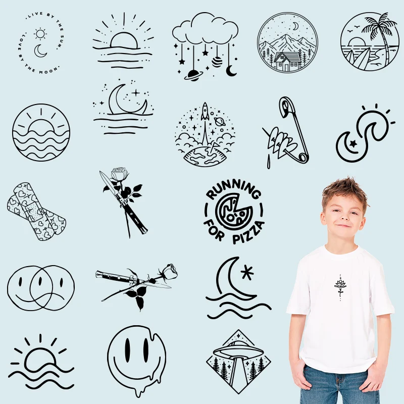 

Brief strokes sun and moon Stickers on Clothes Heat Transfer PVC Patch Washable Ironing stickers Chest badges