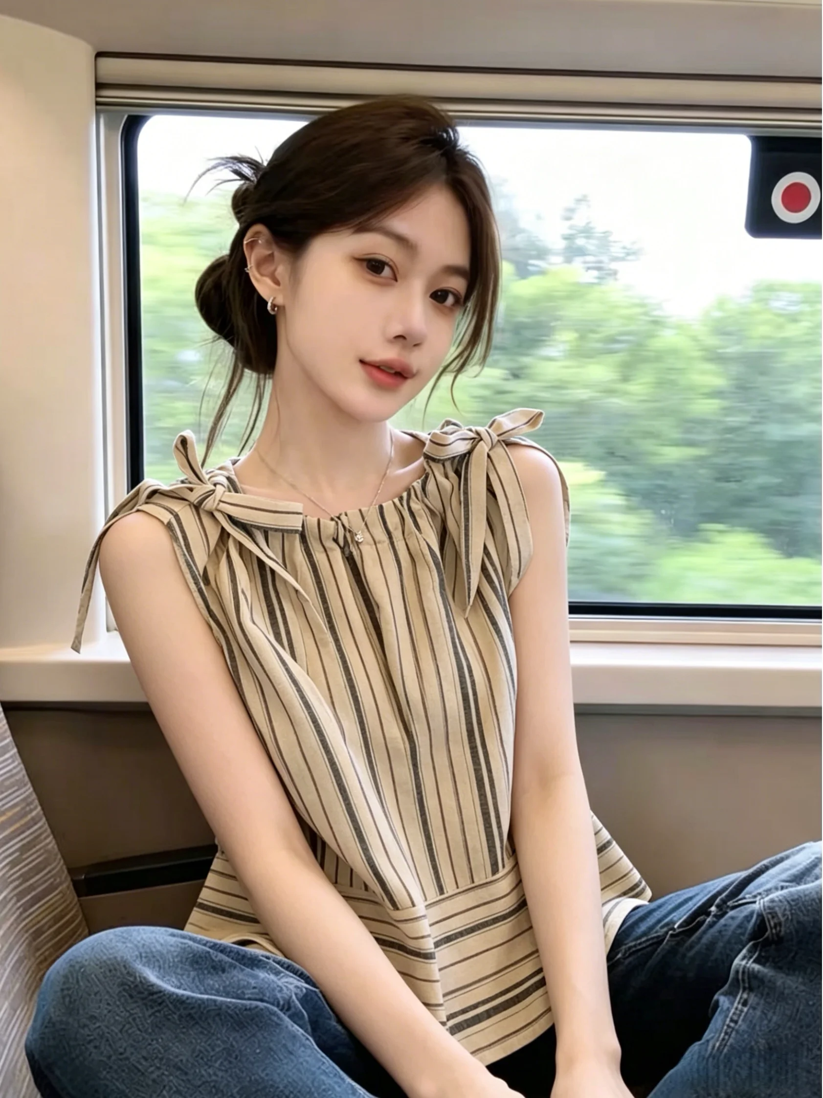 

Unique Striped Knot Belted Tank Top Women's Summer New Style Self-Preservation Soft Age-Reducing Small Shirt