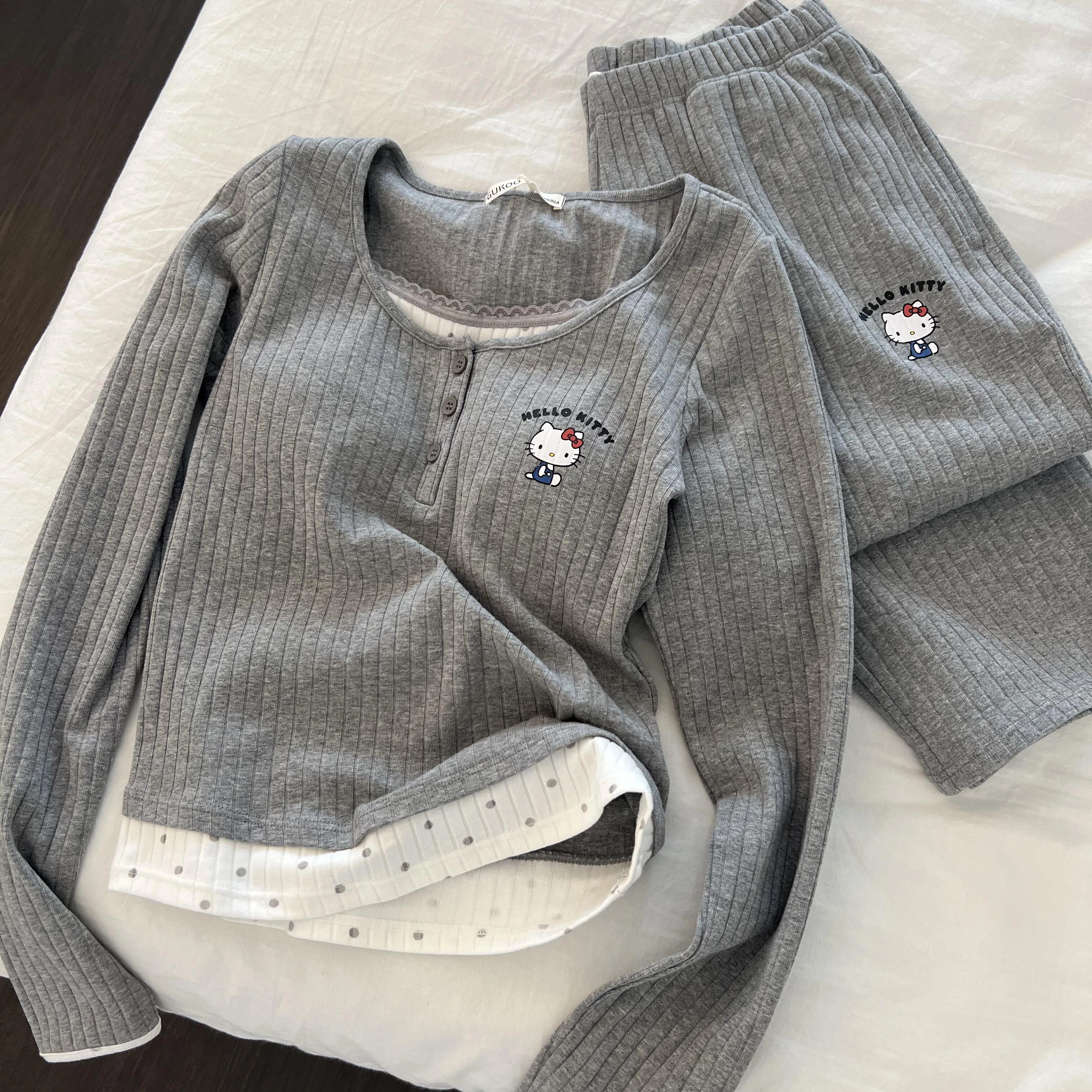 Kawaii مرحبا كيتي اللون الصدام كاذبة قطعتين وسادة الصدر حفرة المشارب طويلة الأكمام بيجامة الإناث ربيع الخريف Homewear دعوى #2