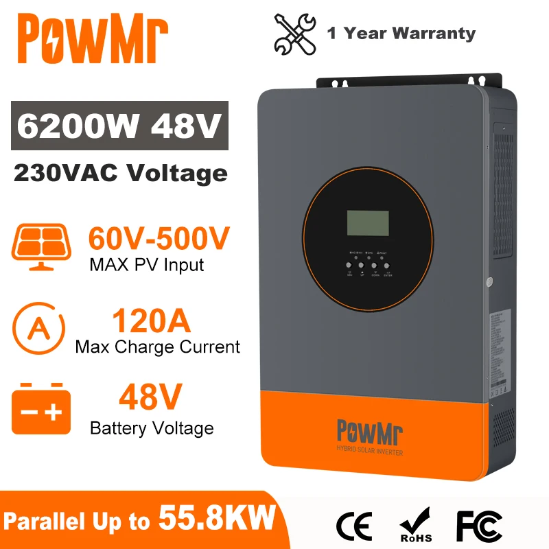 

PowMr 6.2KW Hybrid Solar Inverter 48V 220V Off Grid Inverter with MPPT 120A Charger Work without Battery Parallel Up to 9 Units