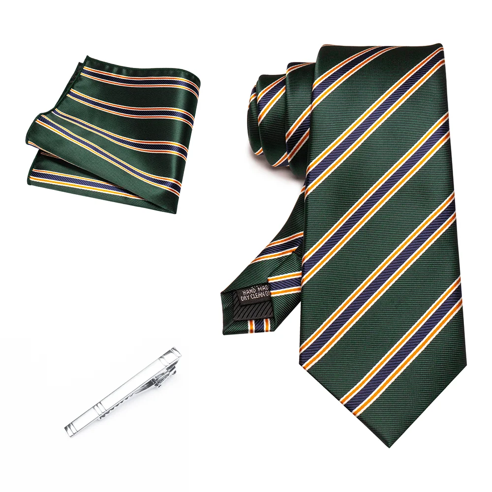 Herren Marineblau Krawatte Rot-Grün Gestreiftes Krawattenset Glänzender Clip Hochwertiges Einstecktuch für Business-Anzüge Anlässe Hochzeit Party – Detail 31