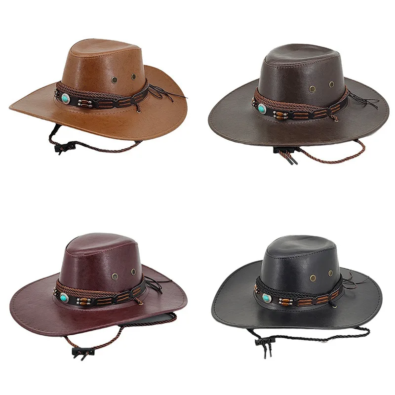 Western Men's and Women's Leather Cowboy Hats Free Size Outdoor Sun Protection Sunhat Mountain Rider Hat Tourist Hat