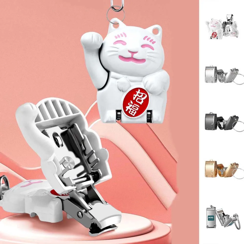Maneki Neko Lucky Cat Mini Nail Clipper Keychain Stainless Steel Car Key Decor Mini Nail File Foldable Bag Pendant