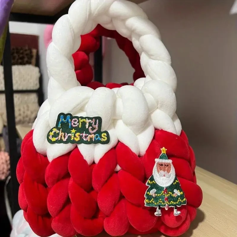 2023 DIY Christmas Bag Handmade Woven Velvet Fabric Strip Line Gift Bag Fashion Cute Christmas Handbag Gift Bag Xmas Decoration
