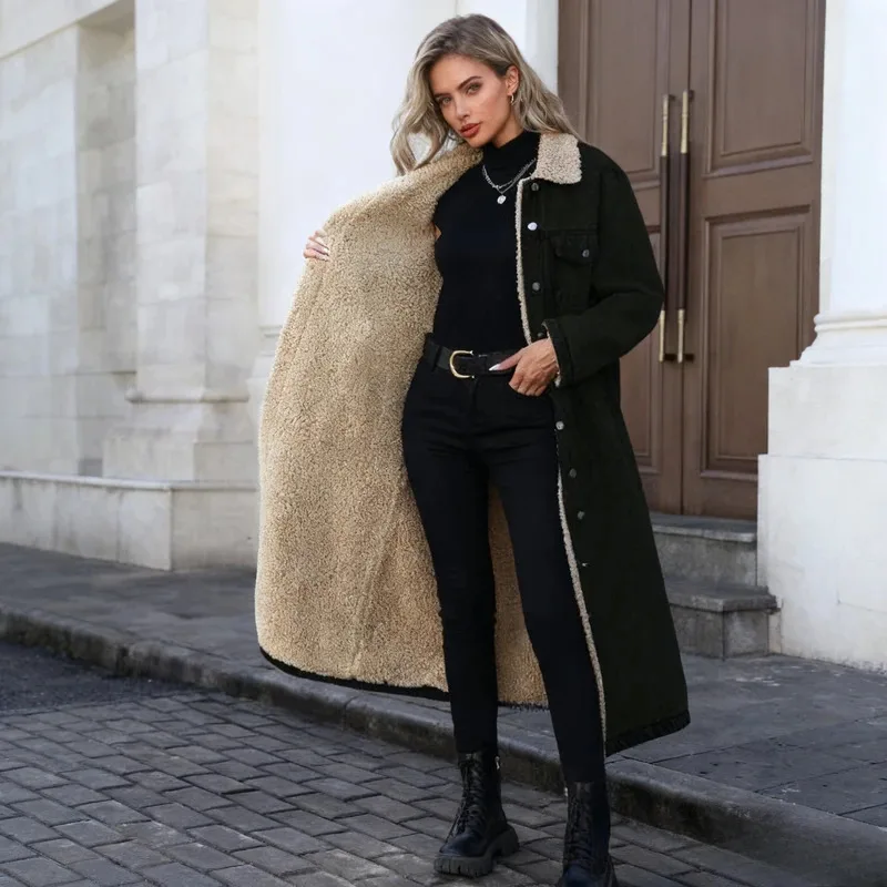 Manteaux mi-longs en fausse fourrure pour femme, vestes élégantes à col rabattu, en Denim épais, Streetwear, vêtements d'extérieur pour dames, hiver