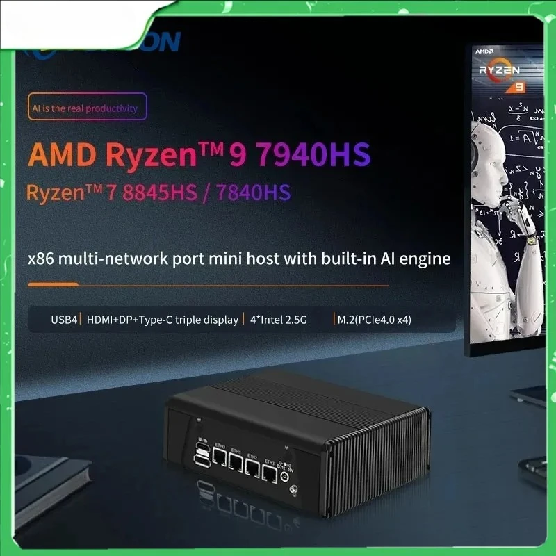 Мини-ПК Topton AMD Firewall 2025 Ryzen 9 7940HS 7 7840HS 4xi226-V 2.5G LAN USB4 2xM.2 NVMe 2xDDR5 AI Engine PVE ESXi Host Router
