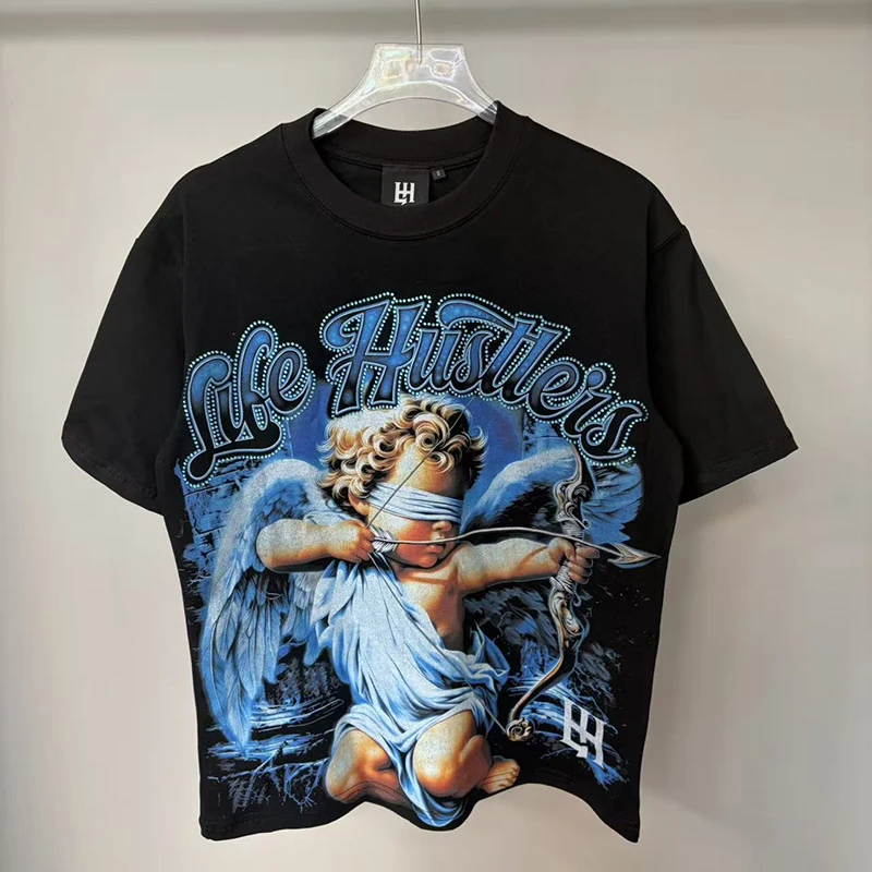 American Style Life Hustlers T-shirt Archery Angel Glass Diamond Print Street LIFE HUSTLERS Short Sleeve Loose Casual Tee