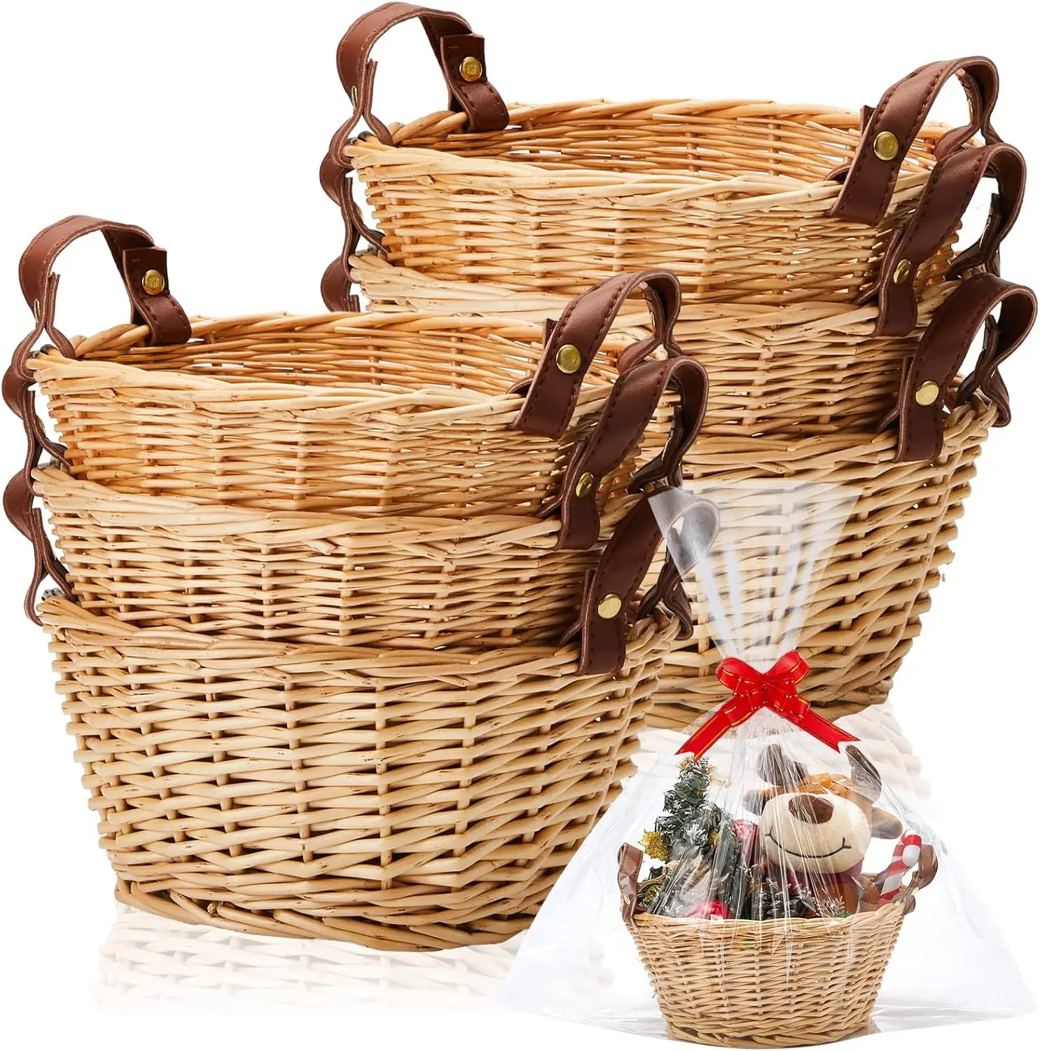 6 cestas pequeñas de mimbre con asa, bolsas transparentes y lazos rojos para regalos, bodas de Pascua, Día de la Madre