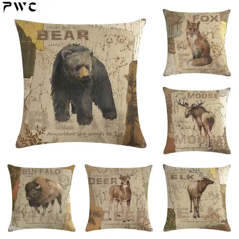 

45x45cm Animal Polyester Cushion Cover Bear Pillowcase Wolf Owl Fox Moose Deer Elk Vintage Throw Pillow Cover