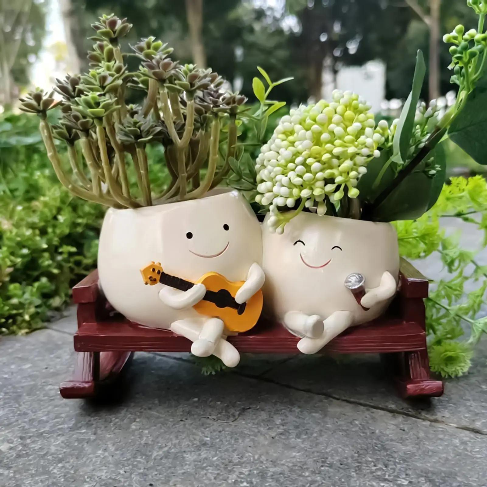 Smiling Face Flower Pot Resin Heart-shaped Rocking Chair Double Headed Face Flower Pot With Guitar & Microphone ForSucculent