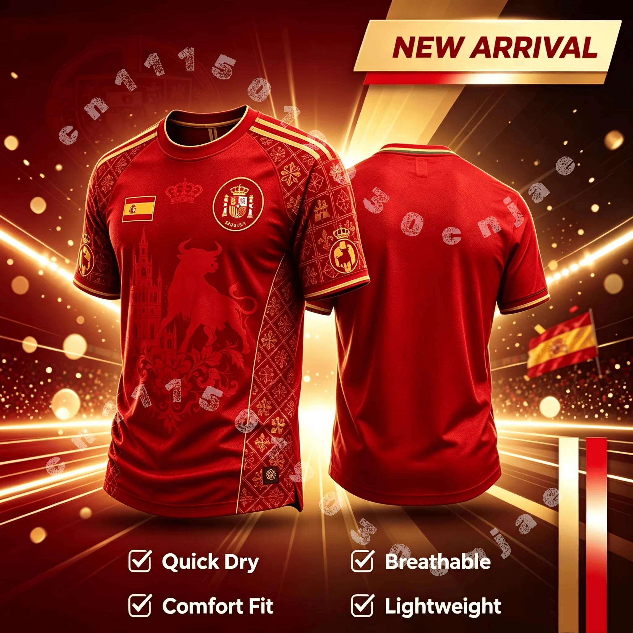 Men's Quick Dry Football Jersey, Red Spain Golden Bull Cathedral Embossed Print Soccer Fan Short Sleeve Training Sports T-shirt