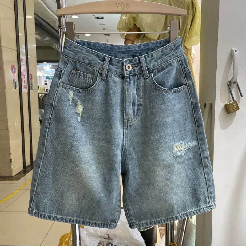 

Женские джинсовые шорты с высокой талией, свободные, прямые, светлого цвета, рваные, повседневные, в стиле стритвир