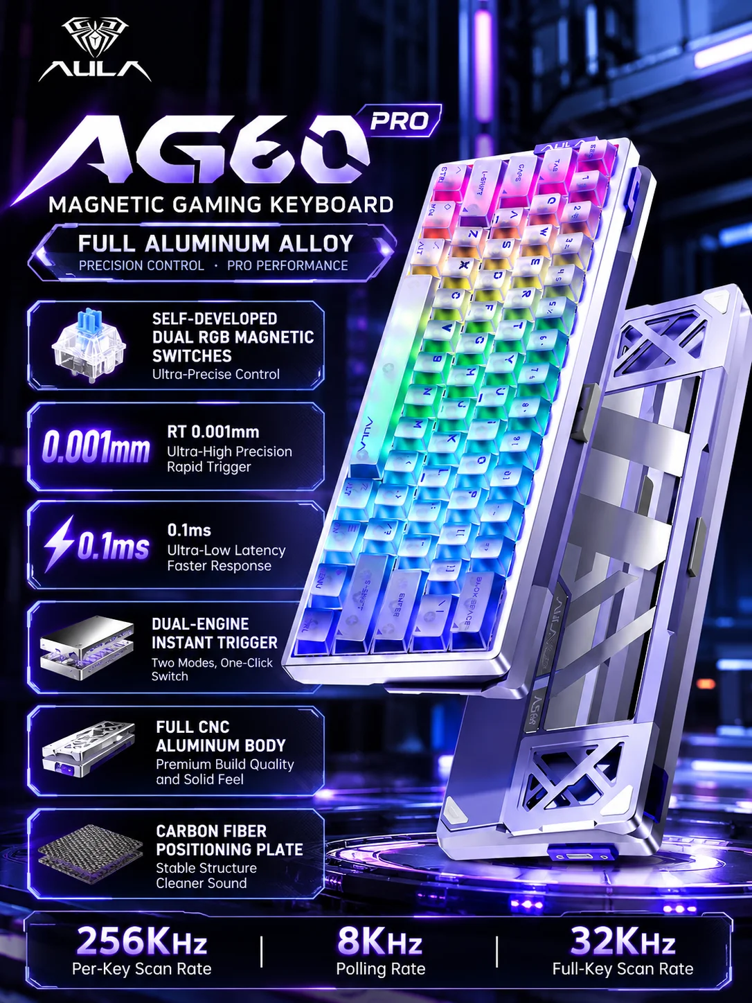 AULA AG60 Pro Magnetic Gaming Keyboard 61 Keys Wired Hall Effect Switch 8KHz Rapid Trigger CNC Aluminum RGB