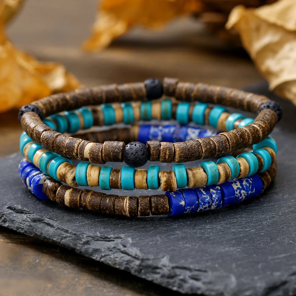 Hot-Selling Handmade Beaded Coconut Shell Wood Chip Bracelet Men's Retro Style Multi-Layer Wear Pine Stone King Stone Bracelet