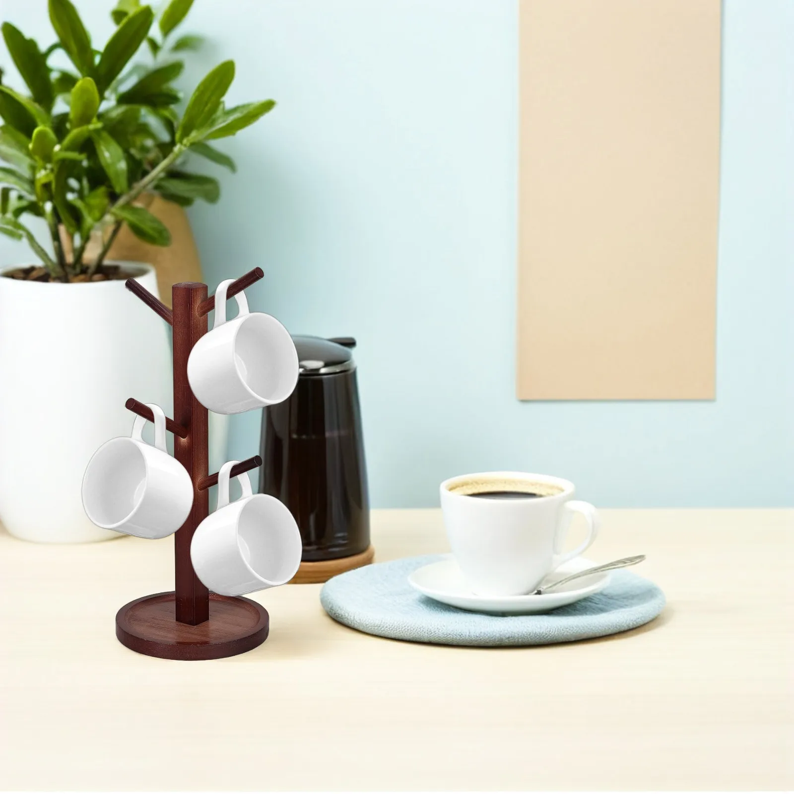 Bamboo Mug Tree Stand with 6 Hooks Space Saving Stable Coffee Cup Holder Counter Decorative Mug Organizer Kitchen Tabletop