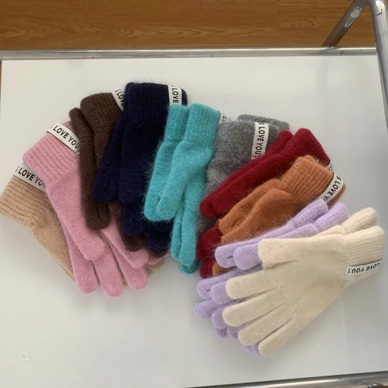 Red Gloves Women Knitted Autumn Gloves Hand Warmer Thicken Lining Full Fingered Mittens Skiing Solid Color Gloves For Women