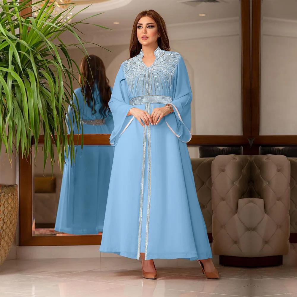 Turecka Abaya dla kobiet arabska suknia marokański kaftan królewska damska modna najnowsza diamentowa szyfonowa sukienka z paskiem elegancka dekolt w szpic