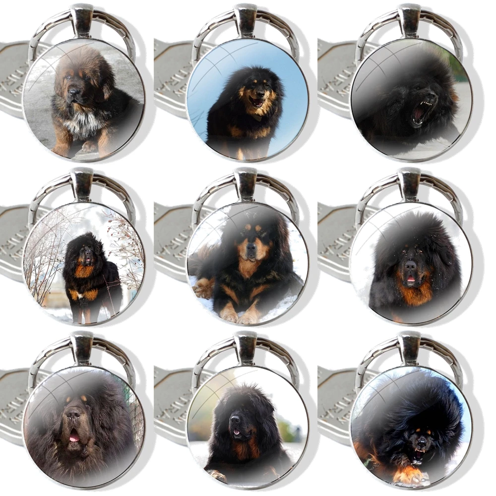 Tibetan Mastiff dog Keychain Handmade Glass Cabochon Key Ring Holder Pendant Key Chains