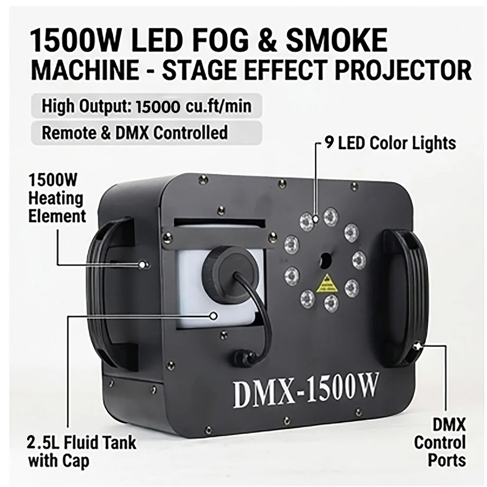 1500W Fog Smoke Machine RGB 9X3W LED Stage Fogger Effect DMX Remote Control DJ Equipment for Wedding Party Nightclub Disco