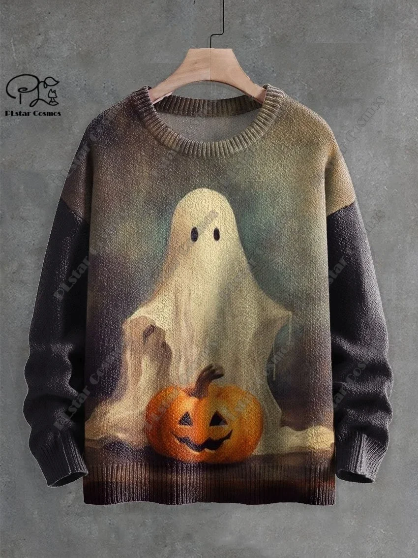 3D Printing Halloween Custom Series Horror Ghost Skull Witch Black Cat Pattern Ugly Sweater Street Casual Winter Sweatshirt