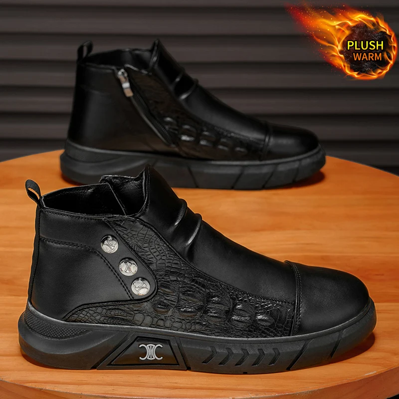 Botas de couro masculinas inverno quentes e confortáveis botas Chelsea de cano alto