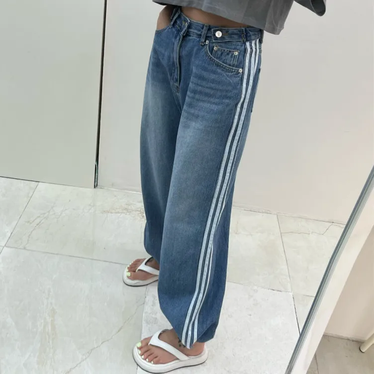 

Retro Waed Tee-Bar Denim Jeans Women's High Waist Dstring Loose Straight Casual Pants Slimming Effect Casual Trousers