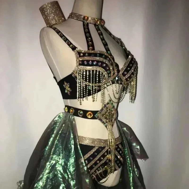 المرأة تألق شرابة الكريستال مجموعة ، مثير ملهى ليلي بار الزي ، راقصة الجاز الأداء ، المرحلة الزي ، جديد