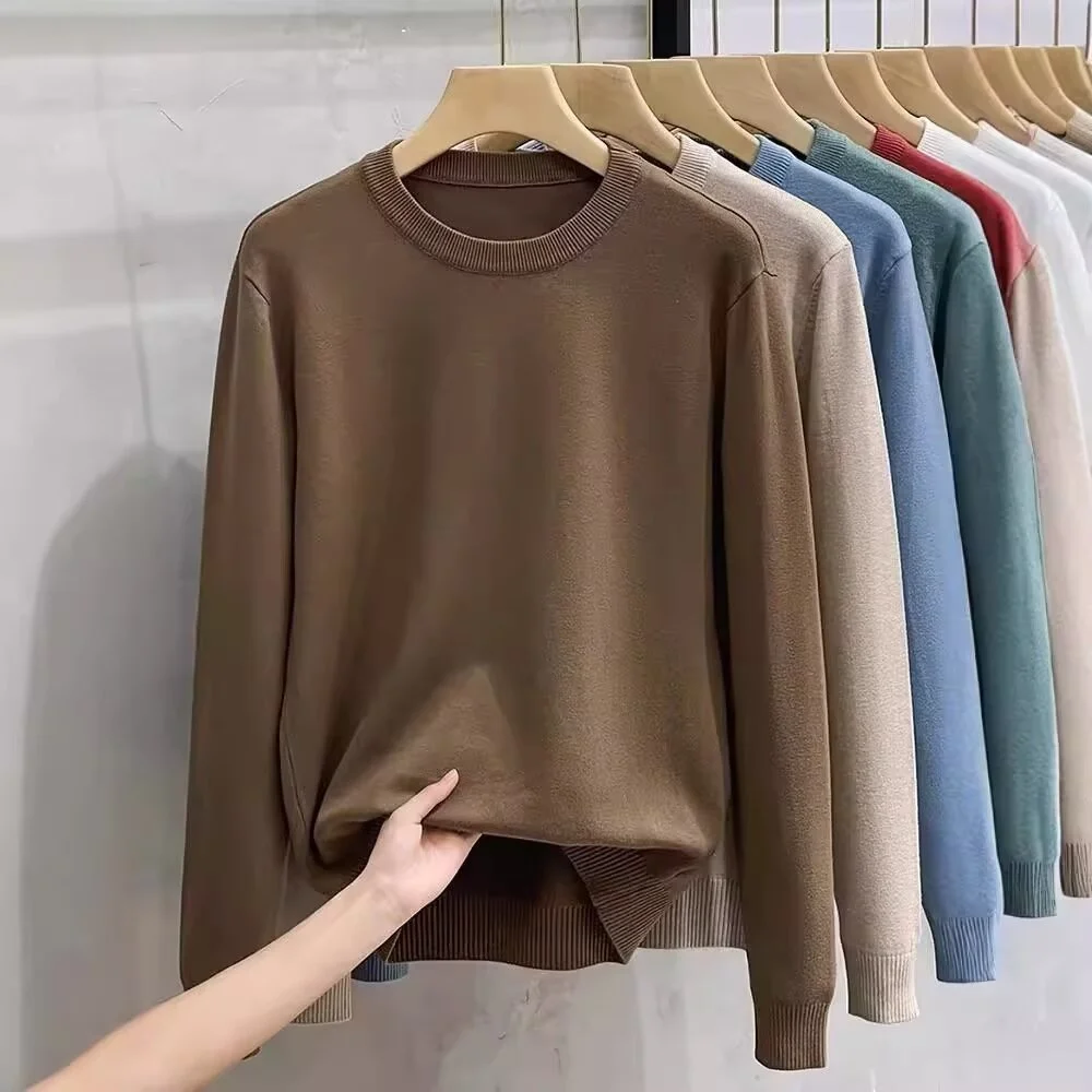 

Spring Autumn Men's Knitted Sweater Thin Versatile Trendy round Ne Color Slim Fit Base irt Casual Wear Long Sve