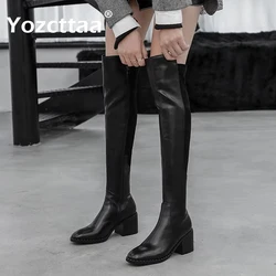 Yozcttaa Size 34-40 Women'S Over The Knee Boots Real Leather Chunky High Heels Shoes Winter 2025 Thigh High Boots Elastic Dress