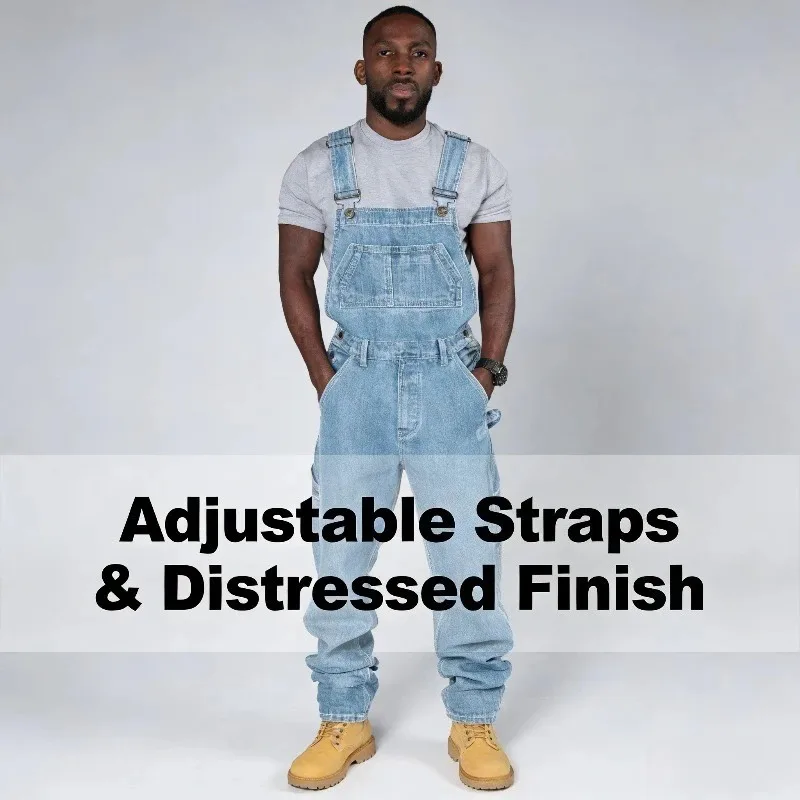 Salopette en jean déchirée et vieillie pour homme, coupe droite, style streetwear