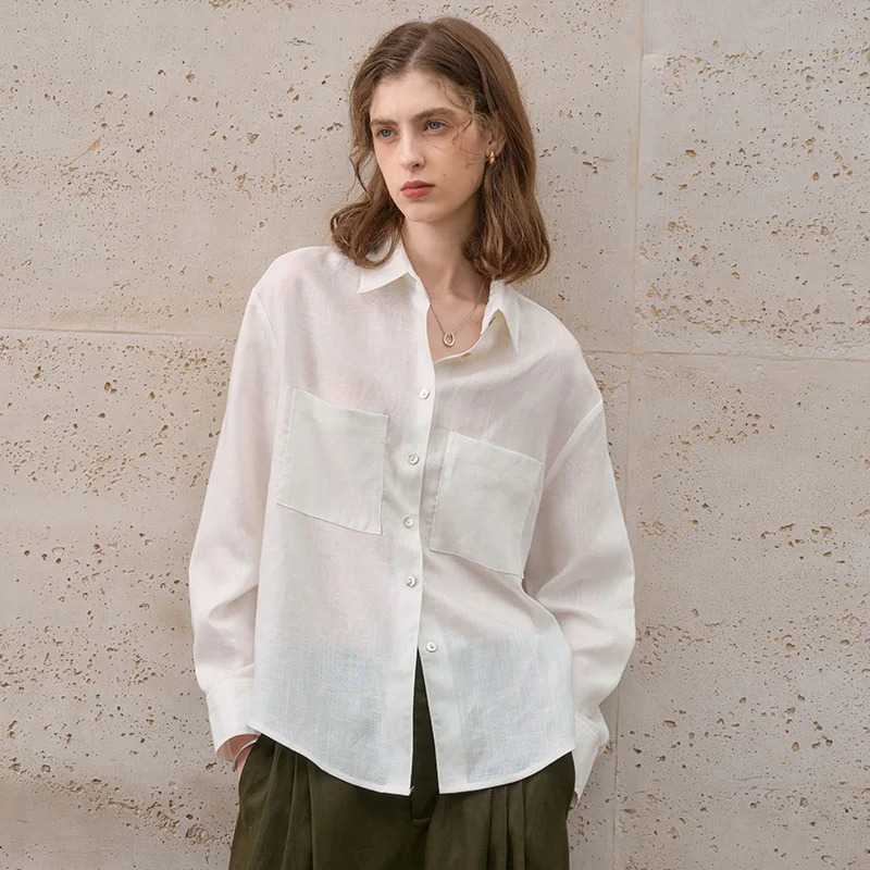 

Vintage Linen Lyocell Sunscreen Shirts Women Lapel Long-Sleeved Single-breasted Loose Casual White Color Blouse Summer Chic Tops