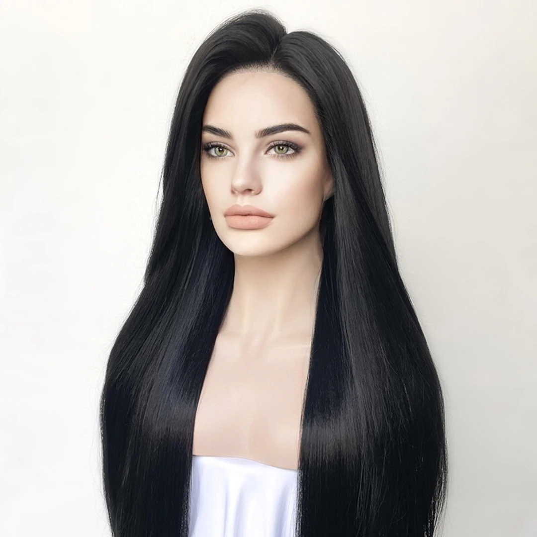 Perucas de cabelo sintético com cabelo do bebê, perucas dianteiras longas do laço, nenhum derramamento, sedoso em linha reta, Jet Black, Glueless,