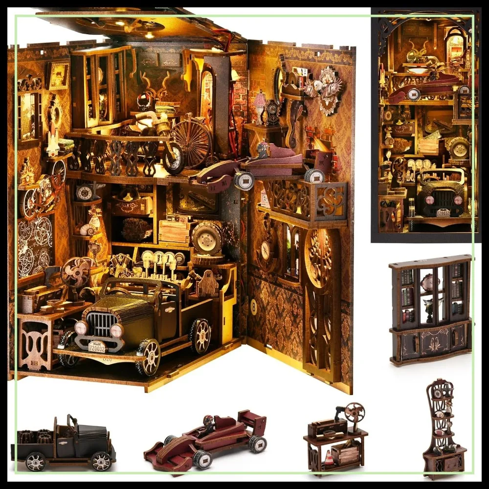 

Book Nook Kit for Adults, DIY Miniature Dollhouse 3D Wooden Puzzle Bookend with LED Light